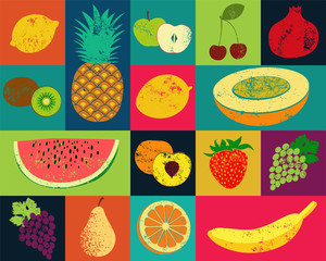 Fototapety  Plakat owoców stylu pop-artu. Zbiór owoców retro.