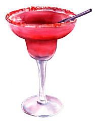 Watercolour drawing of a strawberry Margarita cocktail