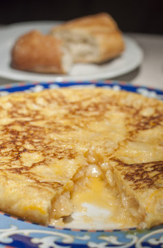 Authentic spanish tortilla Omelette. Served at a typical spanish restaurant in Madrid.