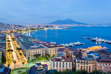 Naples, Italy, view of the bay and Vesuvius Volcano by night, from Posillipo