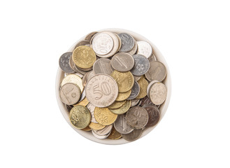 Malaysian coins in a white bowl over white background