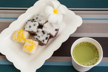 Traditional Thai Dessert With Hot Milk Green Tea  On Plate