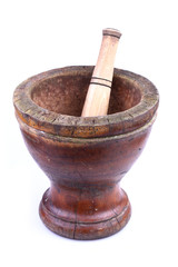 wooden mortar and pestle isolated on white background