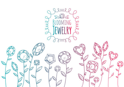 Jewels gemstones flowers hand drawn illustration.