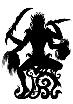 Kali Indian Goddess Silhouette. She is sitting on a fantasy throne, with weapons and demon's heads. 