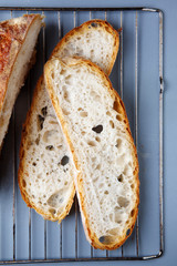 Fresh sliced bread. on a baking sheet.