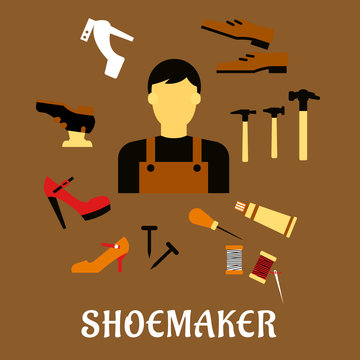 Shoemaker with tools and shoes in flat style