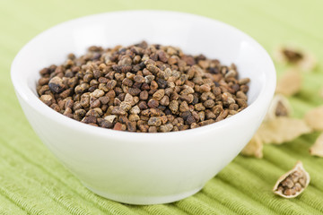 Cardamom Seeds - Bowl of cardamom seeds in a green background.
