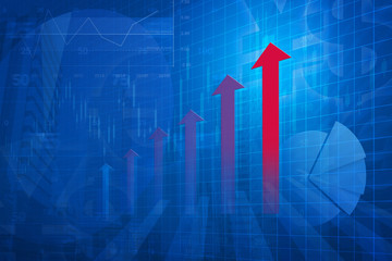 Red arrow head with Financial chart and graphs on city backgroun