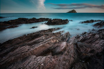 Seascape at twilight, with long exposure at Wembury Beach,Devon