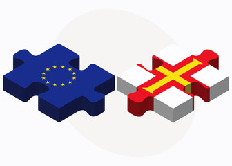 European Union and Guernsey Flags in puzzle isolated on white ba