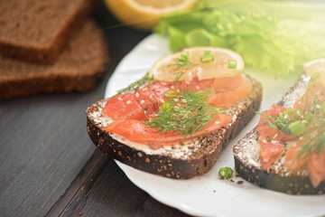 Sandwich with salmon for breakfast