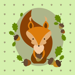 Obraz na płótnie Canvas Cute cartoon squirrel with oak leaves and acorns
