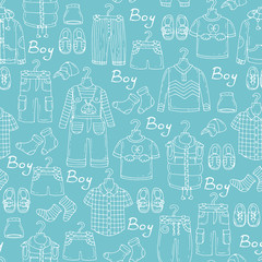 Vector seamless pattern with hand drawn and fashionable clothes for little boys on blue background. Background for use in design, web site, packing, textile, fabric