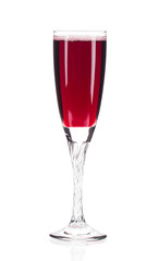 Close up of red champagne glass.