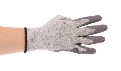 Close up of gray rubber glove on hand.