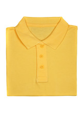 Neatly folded yellow polo shirt isolated on white background