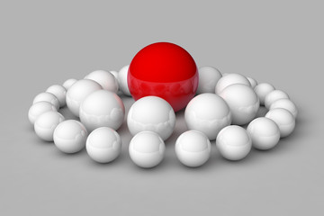 Many white balls among which the red stands out. 3D render image