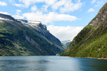 Norwegian Geirangerfjord and the ferry coming from the opposite direction