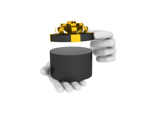 3d white human hand holds open black gift box. 3D illustration .