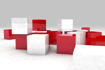 White and red cubes. 3D render image.