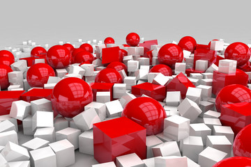 White and red balls and cubes. 3D render image. © marinv