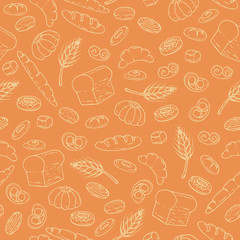 Vector seamless pattern with hand drawn bakery products on orange background. Background for use in design, web site, packing, textile, fabric