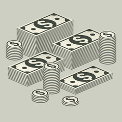 Piles of money stack, dollar and coins on grey, vector
