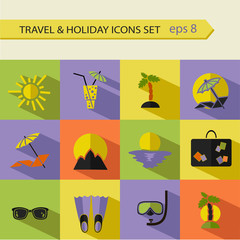 Vector flat icons collection with long shadow effect in modern colors of traveling, tourism and vacation.