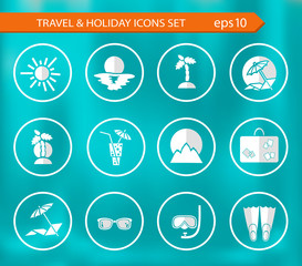 Vector flat icons collection in white colors of traveling, tourism and vacation