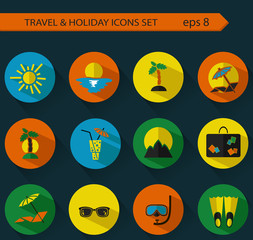 Vector flat icons collection with long shadow effect in modern colors of traveling, tourism and vacation.