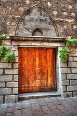 orange door in an old wall in Bologna