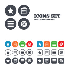 Star and menu list signs. Notepad, gear.