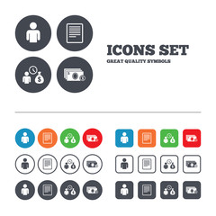 Bank loans icons. Fill document and get money.