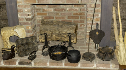Pots and pans with fireplace tools
