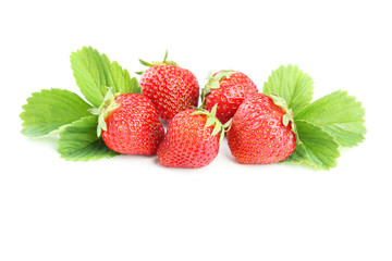 Strawberries berries with leaves isolated on white