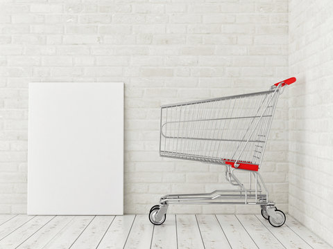 Mock up poster with shopping trolley, stuck space, 3d illustration