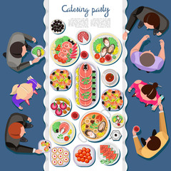 Сatering party with people and a table of dishes from the menu, top view. Vector flat illustration.Catering business