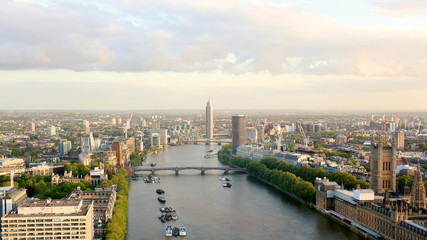 Beautiful panoramic scenic view on London's southern part from London Eye tourist attraction wheel:...