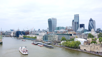 Beautiful breath-taking panoramic scenic view on London's cityscape from the Tower Bridge Exhibition. Spectacular view of St. Paul’s Cathedral dome, the Gherkin and the City from the West Walkway