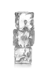 Stack of three ice cubes on white background