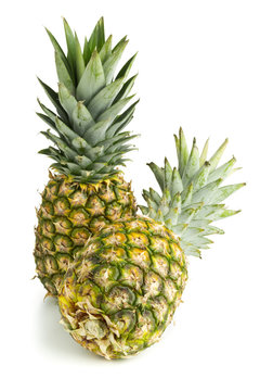 Two whole pineapple fruit on white background