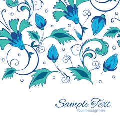 Vector blue green swirly flowers horizontal border card template