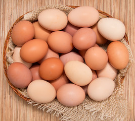 Fresh chicken eggs in a basket