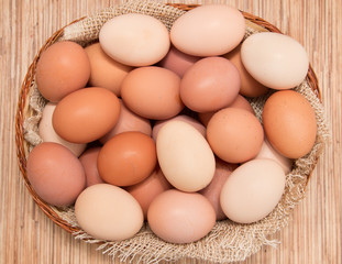 Fresh chicken eggs in a basket
