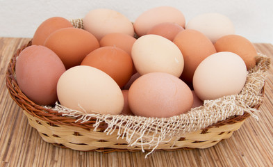 Fresh chicken eggs in a basket