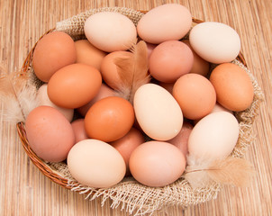 Fresh chicken eggs in a basket