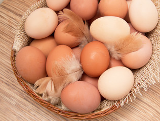 Fresh chicken eggs in a basket