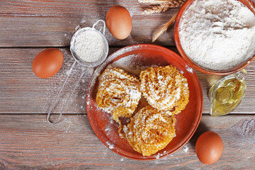 Still life of preparing pasta on rustic wooden background