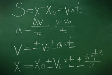 Physics formulas on blackboard background